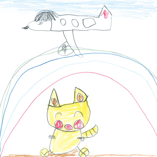 ピカチュウとひこうきとにじ