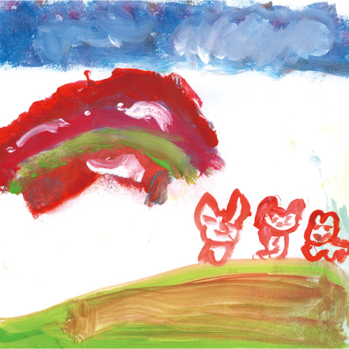 動物たちが虹を見てる絵
