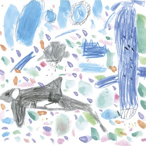 シャチとシロナガスクジラとこうていペンギンのあかちゃんがおよぐ海