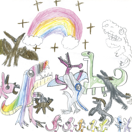 きれいな恐竜たちと虹